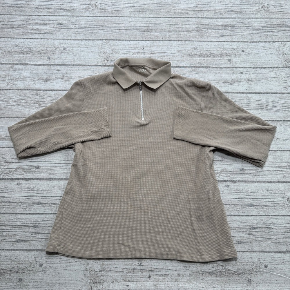 ASOS Polo Shirt Men's Medium Beige Waffle Knit Quarter Zip Long Sleeve Pullover